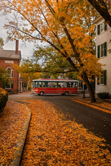 A red Salem trolley beneath golden autumn trees, with fallen leaves across the foreground.